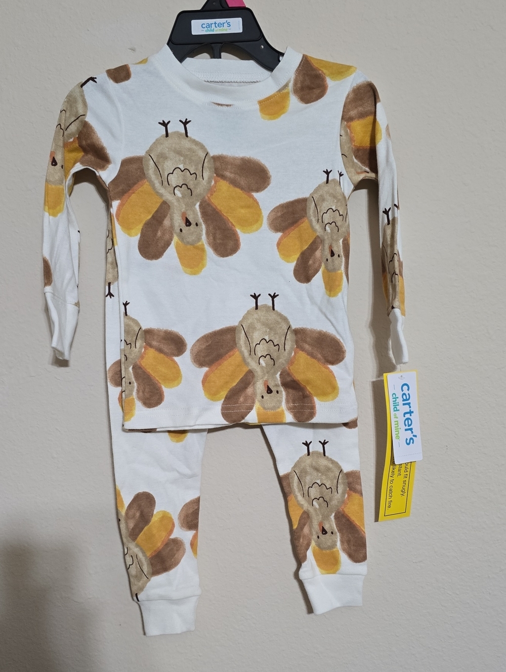 NWT Carter's Kids White & Brown Turkey Print Pajama Set Size 18 Months